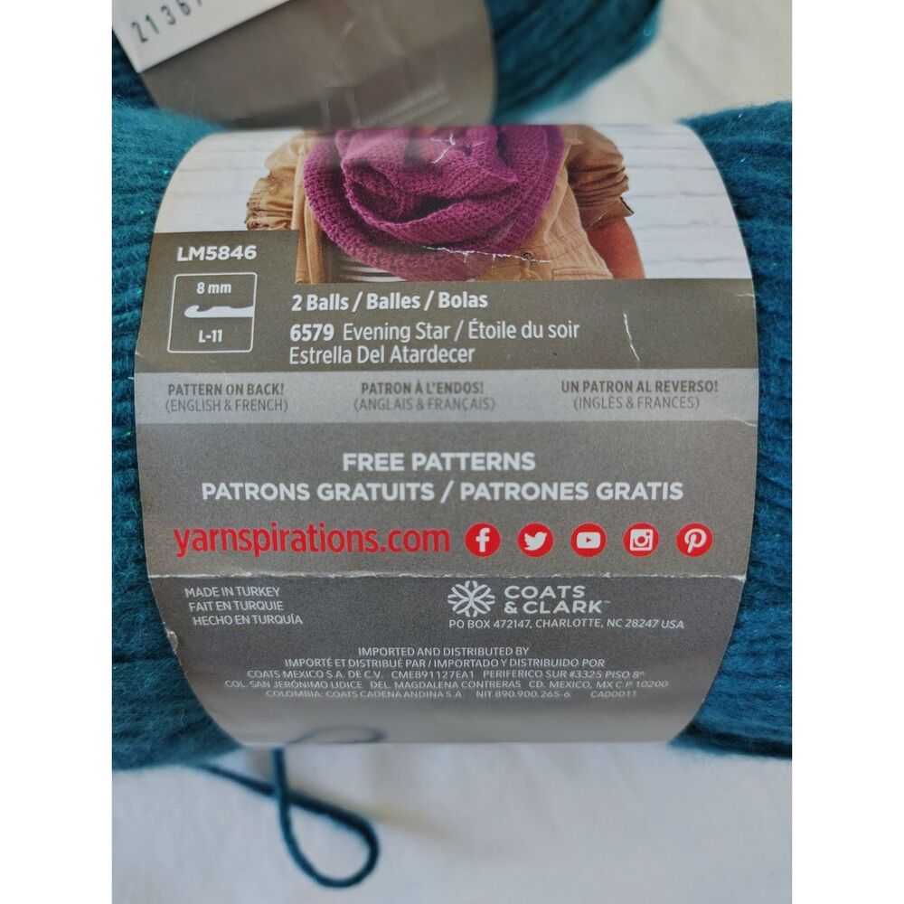 Red Heart Hygge Charm Yarn Eclipse Teal Sparkles 2 Skeins Medium 4 Acrylic Lot - Picture 3 of 5